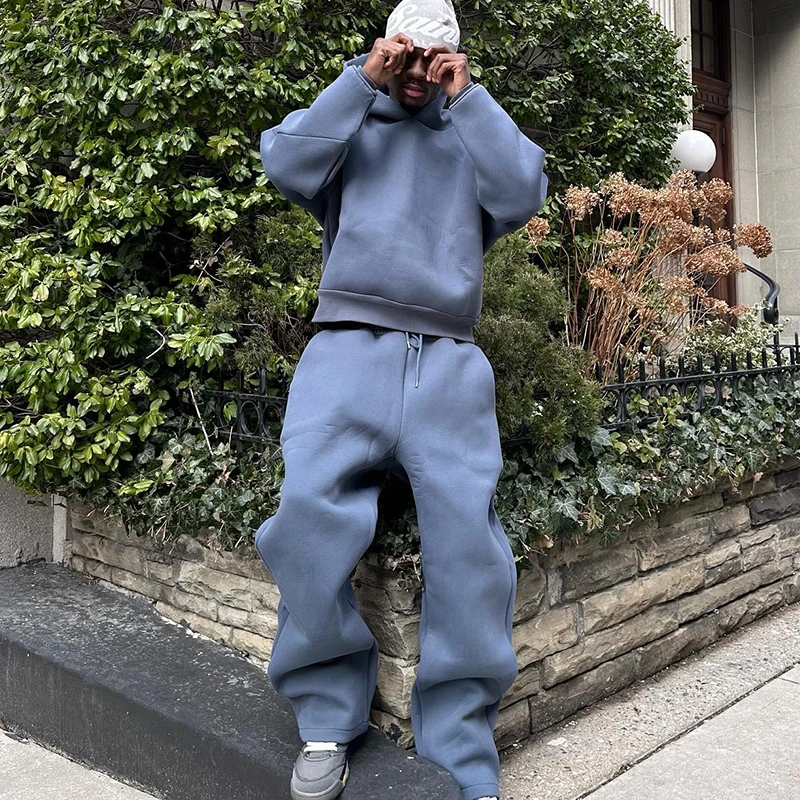 Mężczyźni Bawełna Vintage Dres 2szt Zestaw Bluzy Proste Spodnie Casual Loose Hip Hop Sportowe Spodnie z kapturem Y2k Streetwear