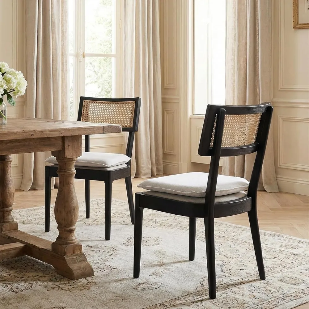 Rattan Dining Chairs Set of 2, Linen Upholstered Kitchen Chairs, Custom