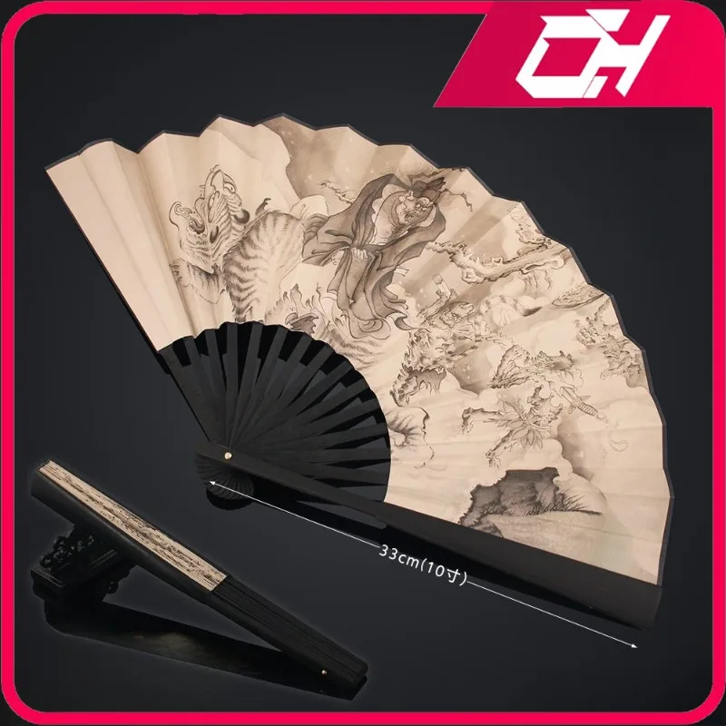 

34cm Folding Fan Chinese Xuan Paper Black Myth Zhong Kui Game Peripheral Wukong Toy Samurai Craft Collection Accessorie Ornament