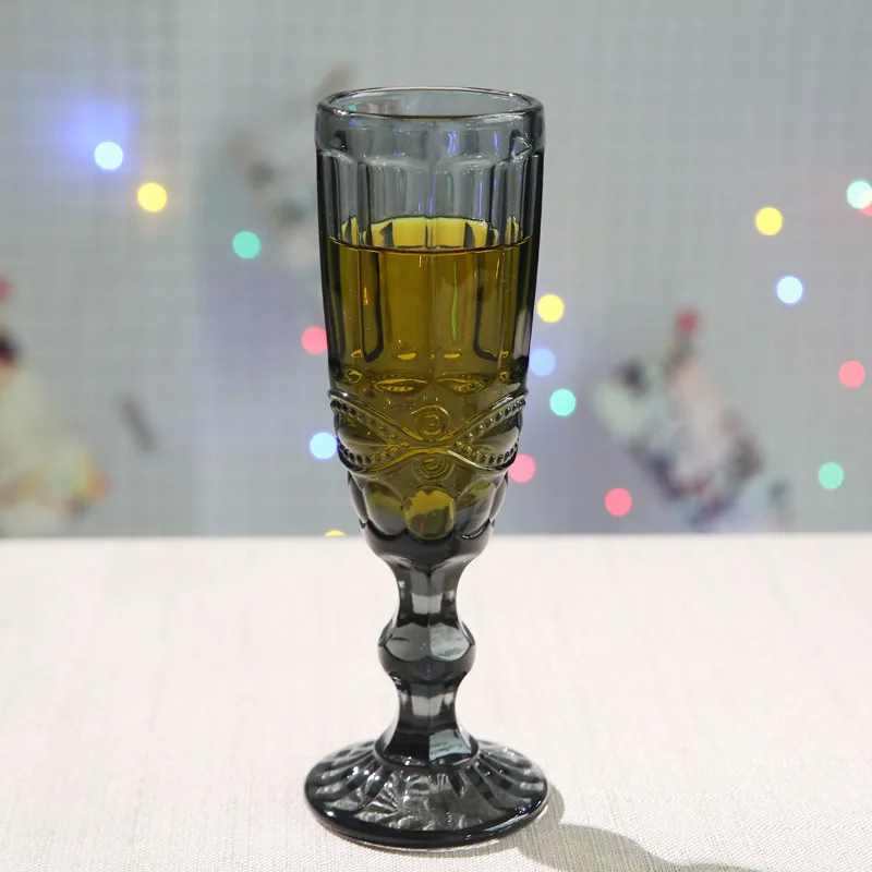 1 Piece 150ml 5oz Vintage Embossed Heavy Thick Clear Pink Green Blue Grey Colored Champagne Flute Glasses Goblet Cup