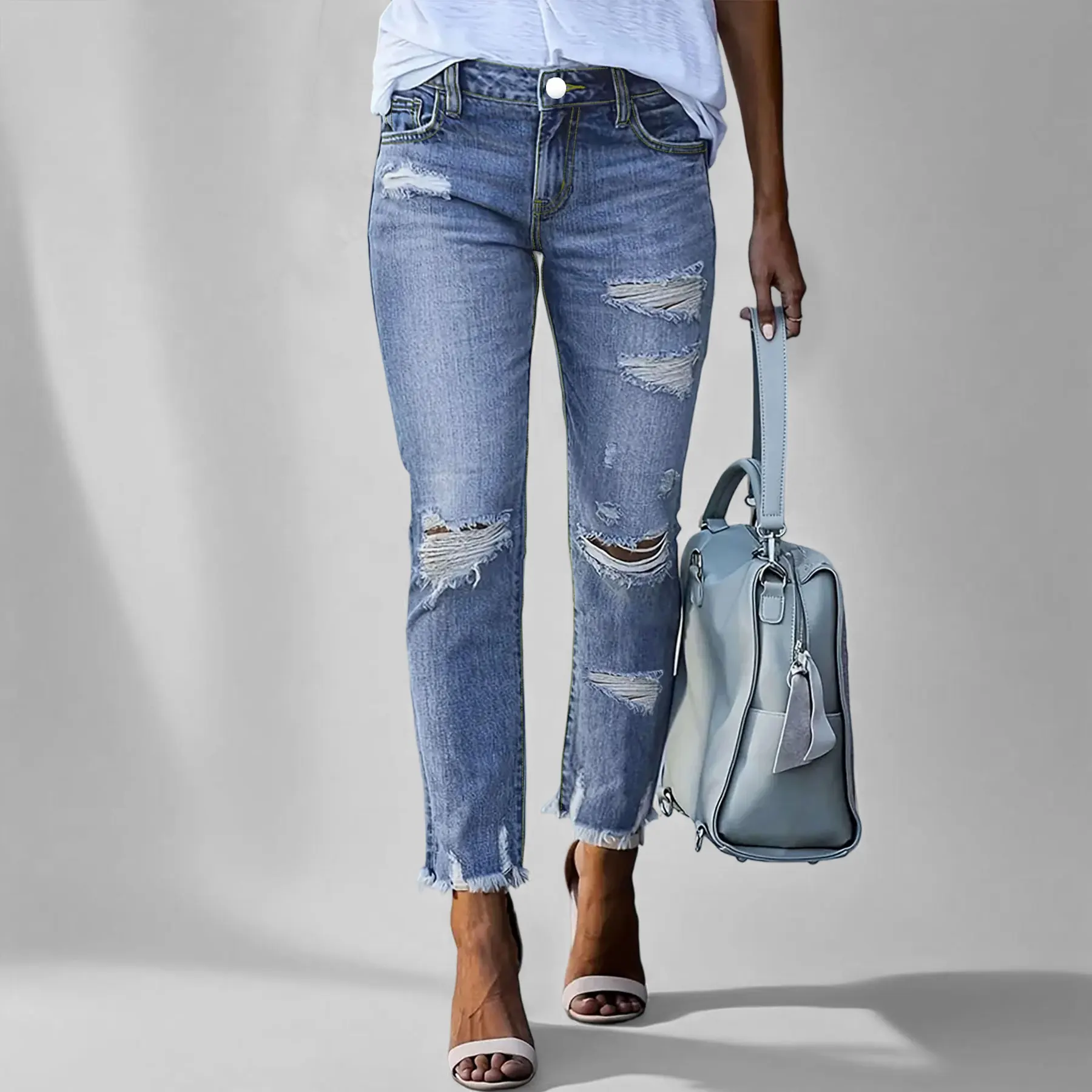 

Женские голубые джинсы больших размеров с высокой талией, выцветшие джинсы с дырками, подходящие для работы в кампусе и минималистского стиля