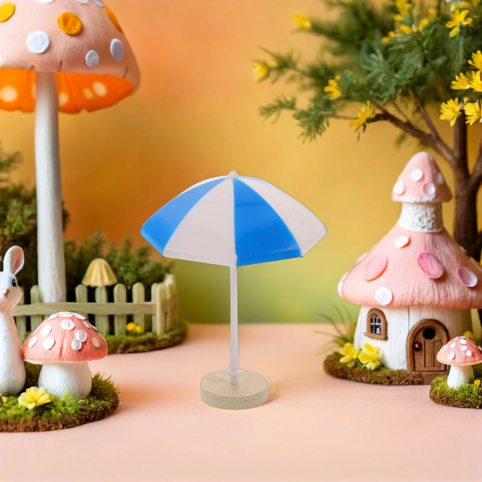 8 szt. Miniaturowe parasolki krajobrazowe, niebieskie plastikowe parasole plażowe, podstawa, mikro dekoracje krajobrazowe, dekoracja ogrodowa DIY