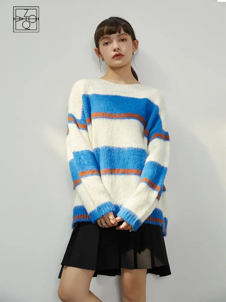 ZIQIAO Mohair Stripe maglione delle donne 2022 autunno inverno nuovo vintage girocollo lavorato a maglia Top blu bianco donna casual maglione