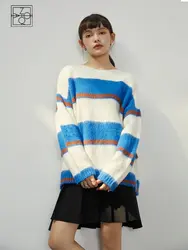 ZIQIAO Mohair Stripe maglione delle donne 2022 autunno inverno nuovo vintage girocollo lavorato a maglia Top blu bianco donna casual maglione allentato