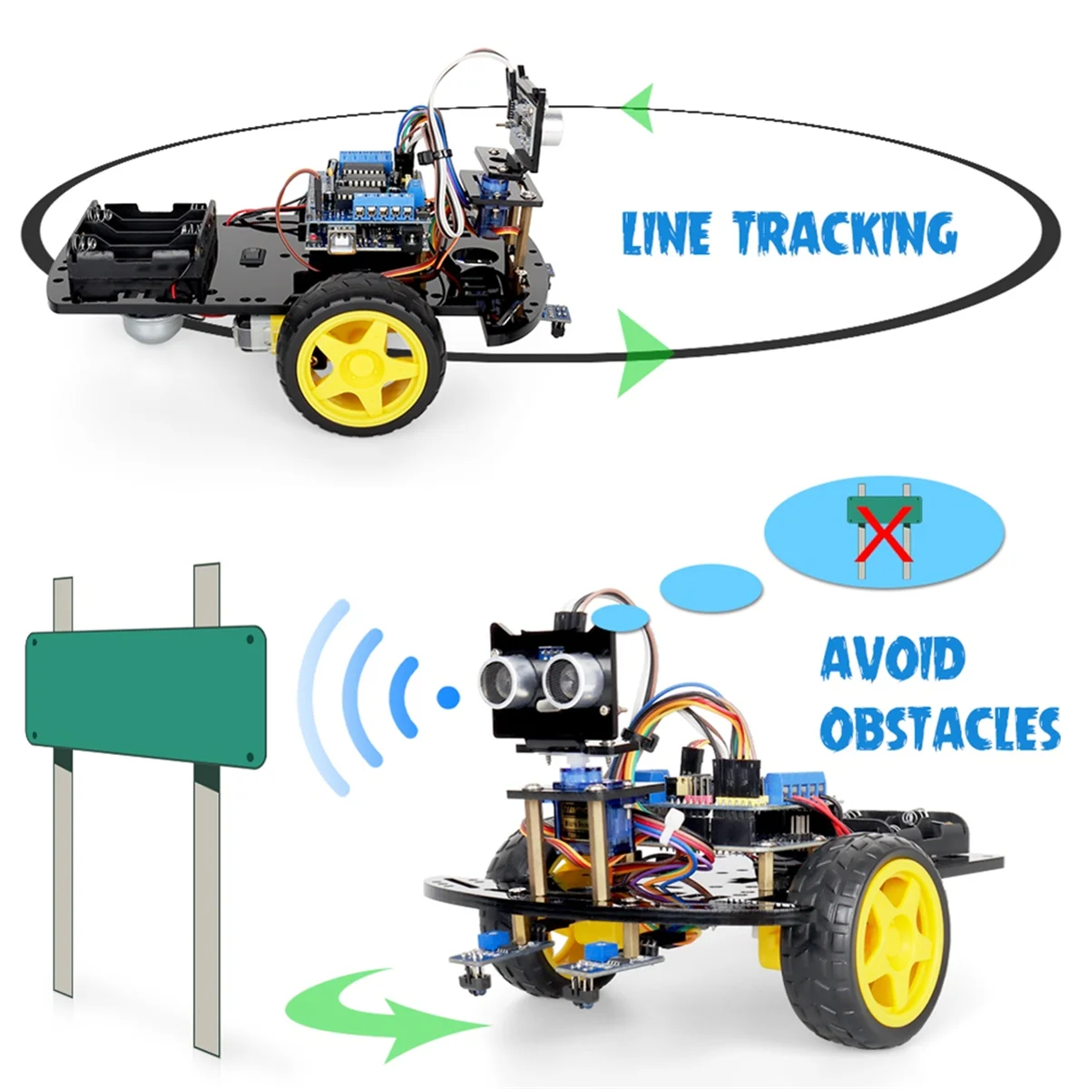 Kit per auto robot 2WD per progetti di programmazione con tracciamento di linee e evitamento degli ostacoli educativi