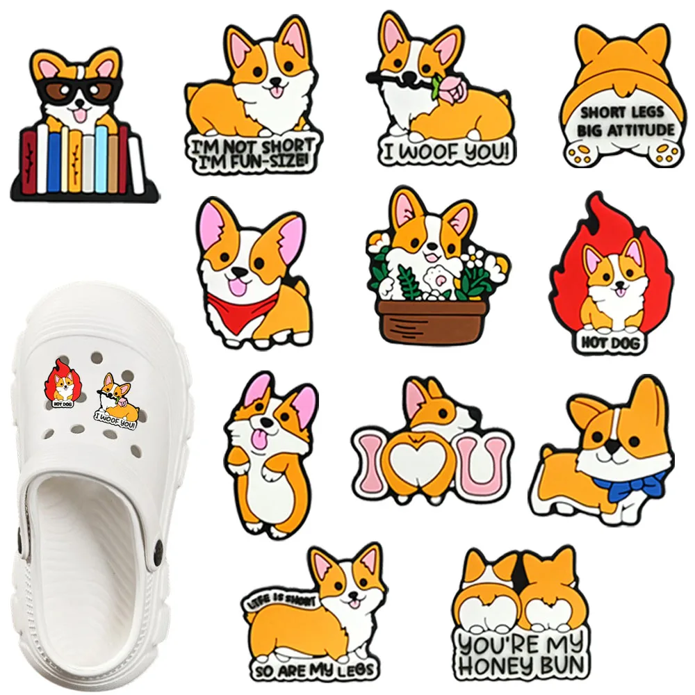 1-12pcs Cute Corgi Dog Cartoon Animal Series PVC Shoe Charms  Accessories DIY Detachable Waterproof Shoe Decorations Gifts