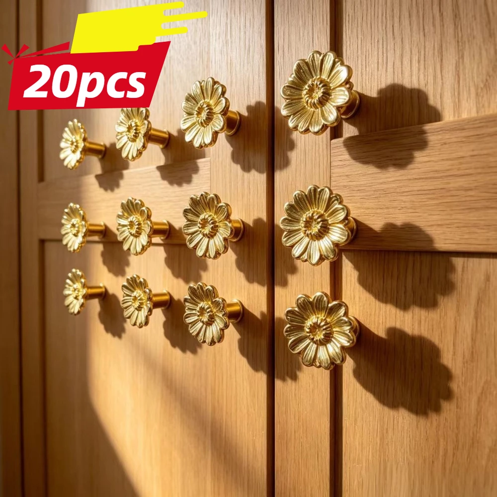 20PCS Floral-shaped drawer pull, alloy decorative kitchen cabinet drawer handle, golden flower handle