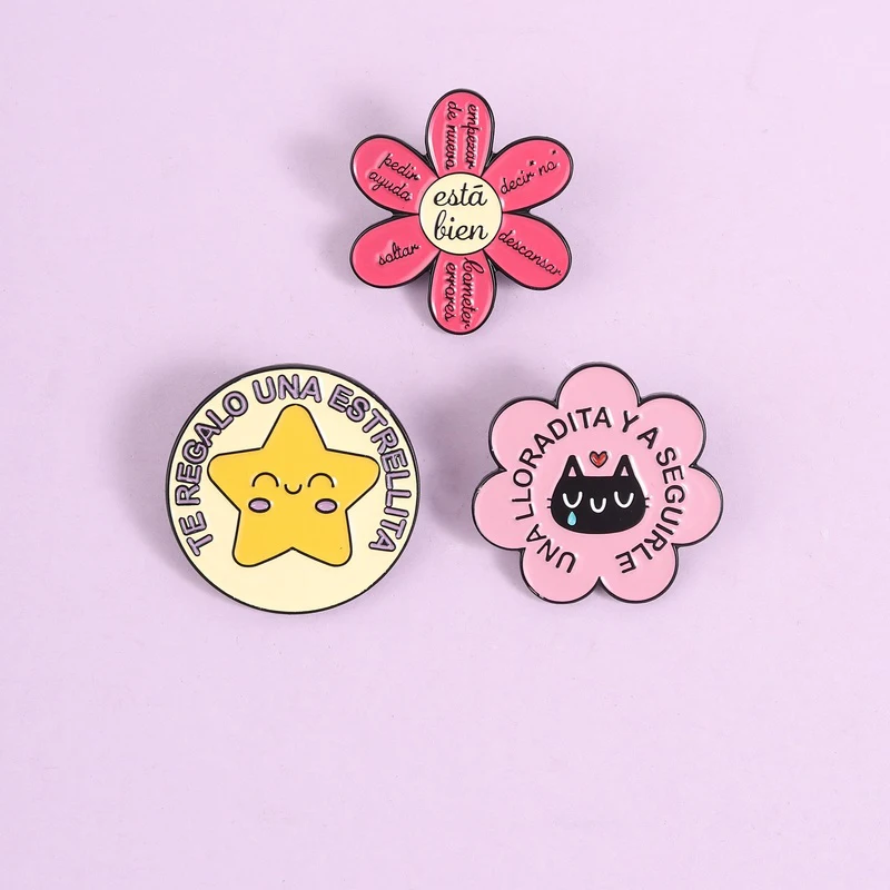 Cute Flower Cat Enamel Pins Aesthetic Spanish Brooches Motivational Quote Lapel Badges Sweet Gift For Her