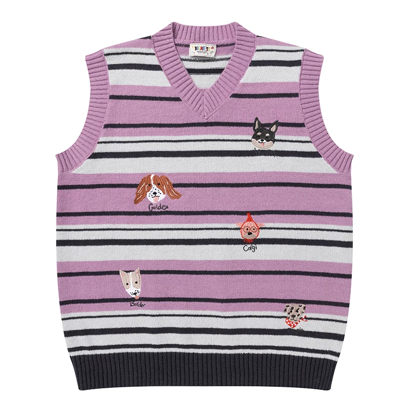 

Autumn Mens Striped Knitted Sweater Vest Cute Dog Embroidery V Neck Sleeveless Pullover Streetwear Harajuku Knitwear Clothing