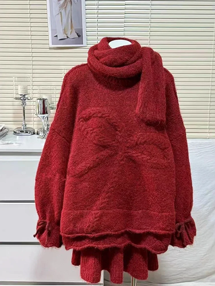 

Шикарный красный свободный вязаный свитер и юбка для женщин: повседневный зимний модный комплект из двух предметов с высокой талией и круглым вырезом