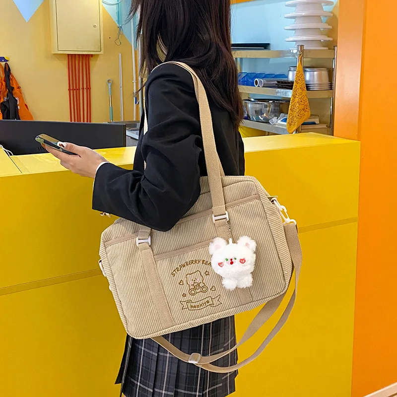 Cute Casual Bag for Women Shoulder Bags 2024 Corduroy Shopper JK Cartoon Embroidered Bear Letter Girls Handbags Student Tote Bag