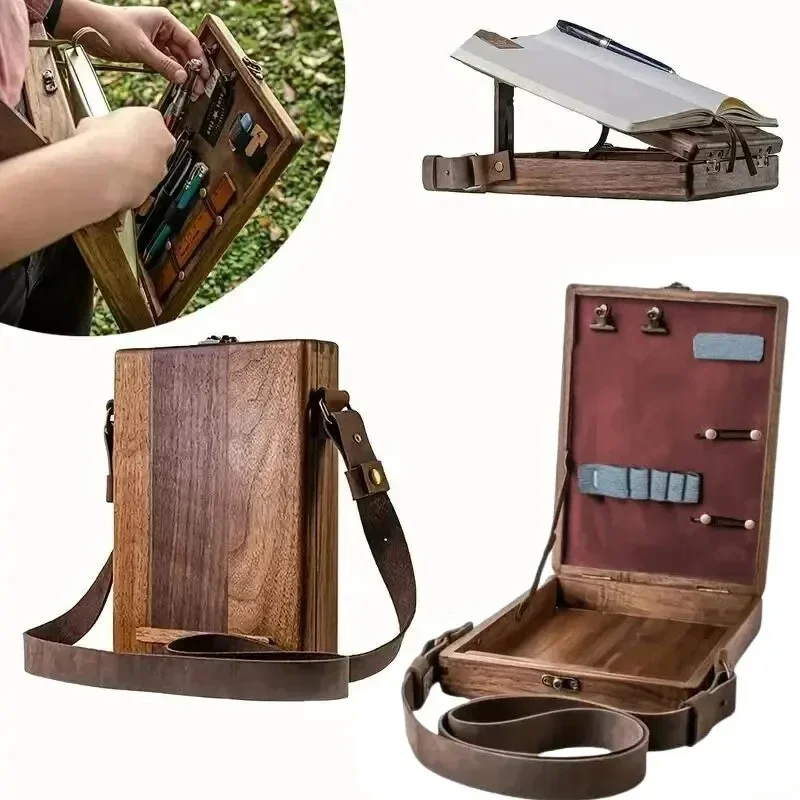 Wooden Writer\'s Messenger Box Portable Satchel Writer\'s Series Organizer Wooden Box Messenger Box Backpack Briefcase Artist Bag