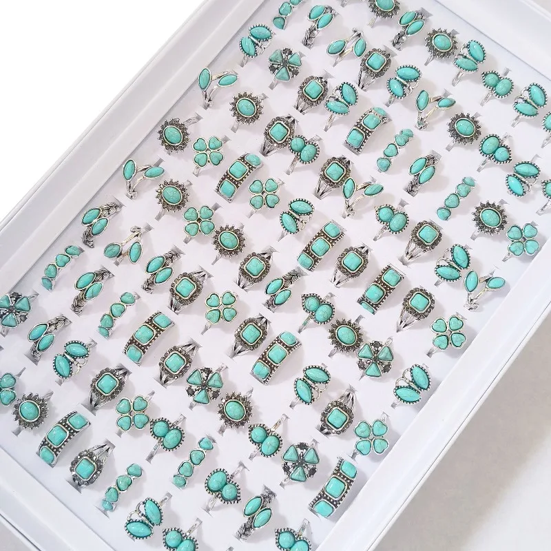 Bohemian Vintage SYN Turquoise Geometric Stone Ring Sets Mixed Random Women Daily Ring Decor Accessories Gifts  Finger Jewelry