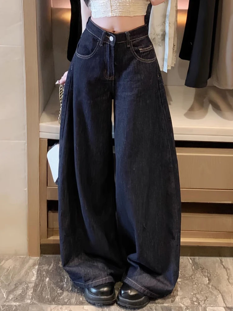 Wide Leg Jeans Women Full Length Chic Baggy Vintage Denim Casual High Waist Retro Pockets All-match Aesthetic Spring Fall Street