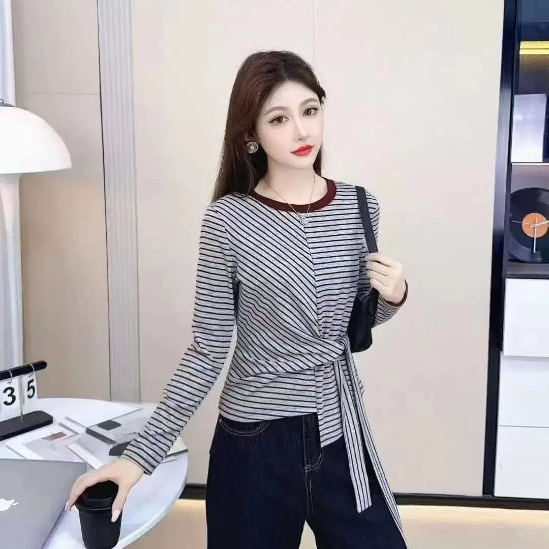 Style Color Block Striped Long Sleeve T Shirt Women Tie Waist Slim Elegant Casual Ins Top