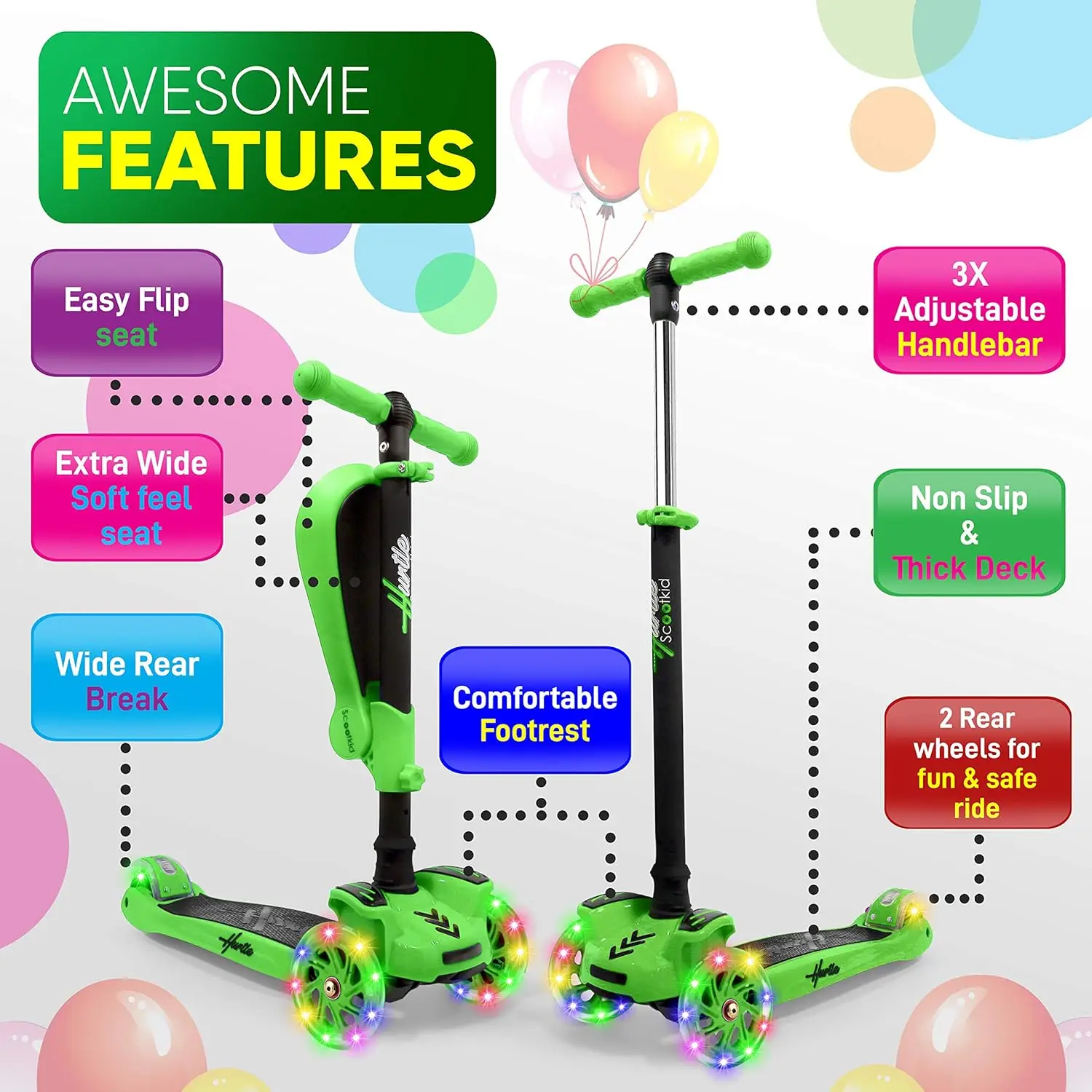 Wheeled Scooter for Kids - Wheel LED Lights, Adjustable Lean-to-Steer Handlebar, and Foldable Seat - Sit or Stand Ride