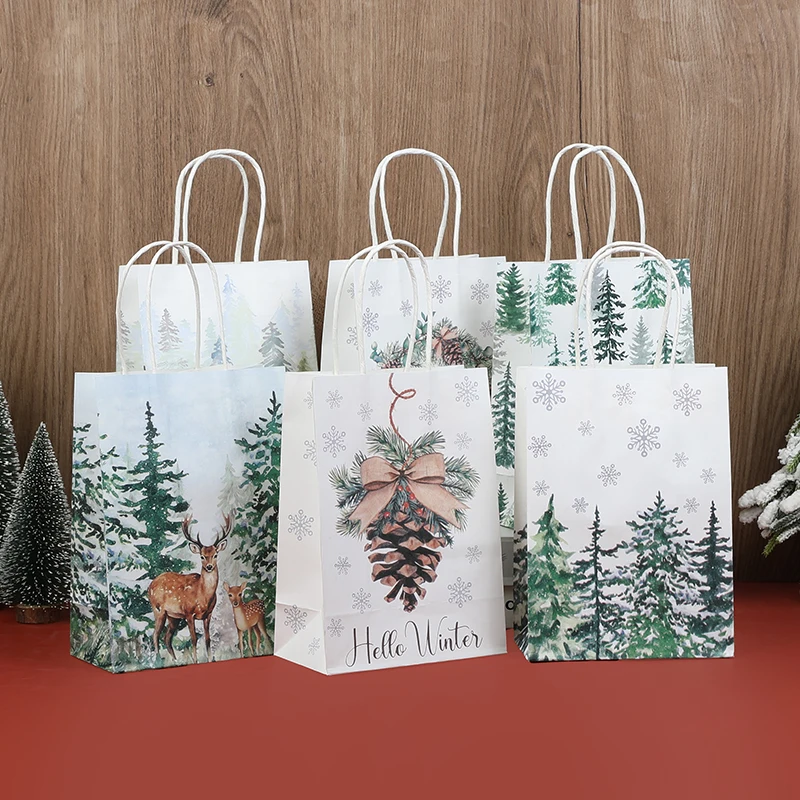 

6Pcs Kraft Gift Bags with Handle Elk Snowflake Christmas Tree Merry Christmas Party Favors Packaging Bag Navidad New Year 2026