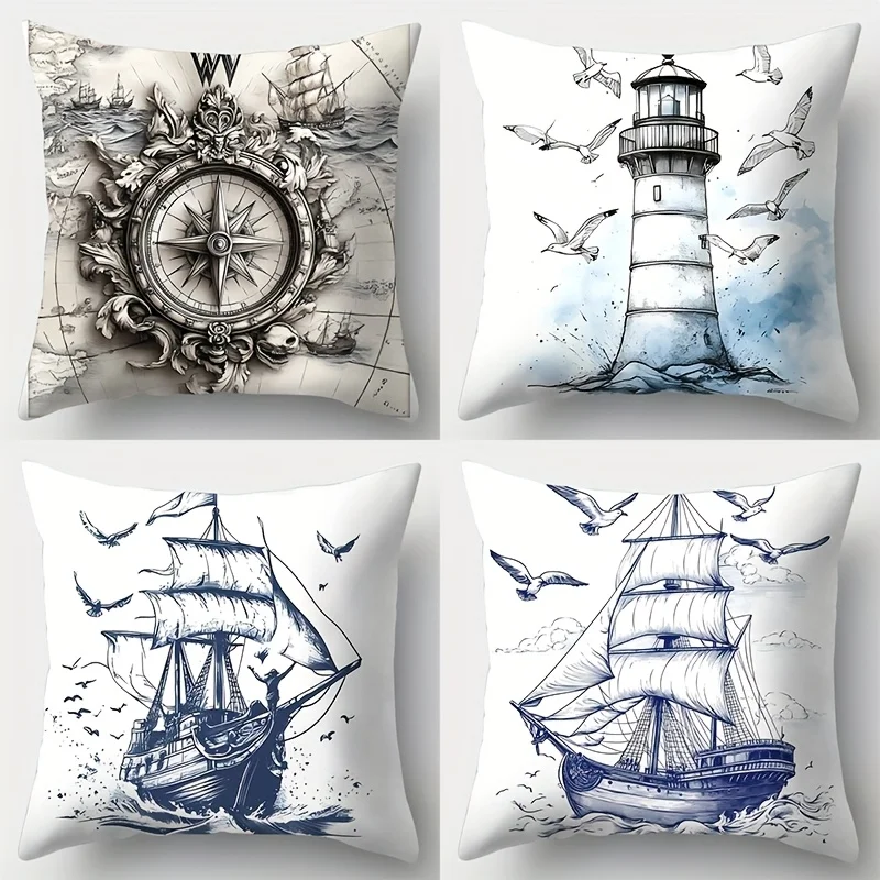 

4pcs Set, Sofa Pillowcase, Nautical Sailing Pillowcase, 17.7"*17.7", Printed on One Side, Home Decoration, Sofa Waist Cushion Co