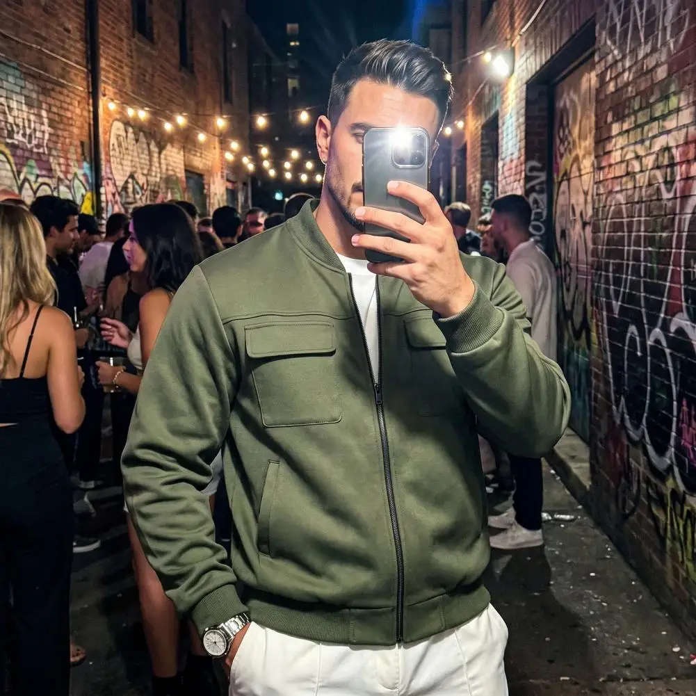 Lightweight Warm Coat Men's Casual Baseball Jacket Lightweight Multi-pocket Windbreaker Solid Color Sport Coat with for Outdoor