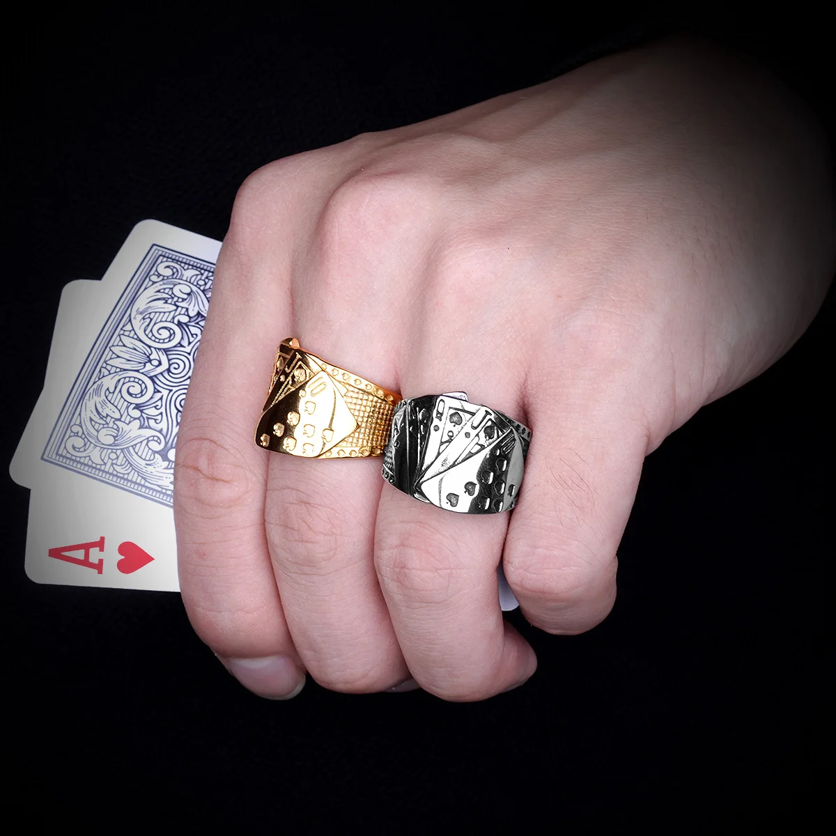 316L Stainless Steel Straight Flush Poker Men Ring Hip Hop Good Lucky Talisman Biker Ring for Men Boy Fashion Jewelry Gift