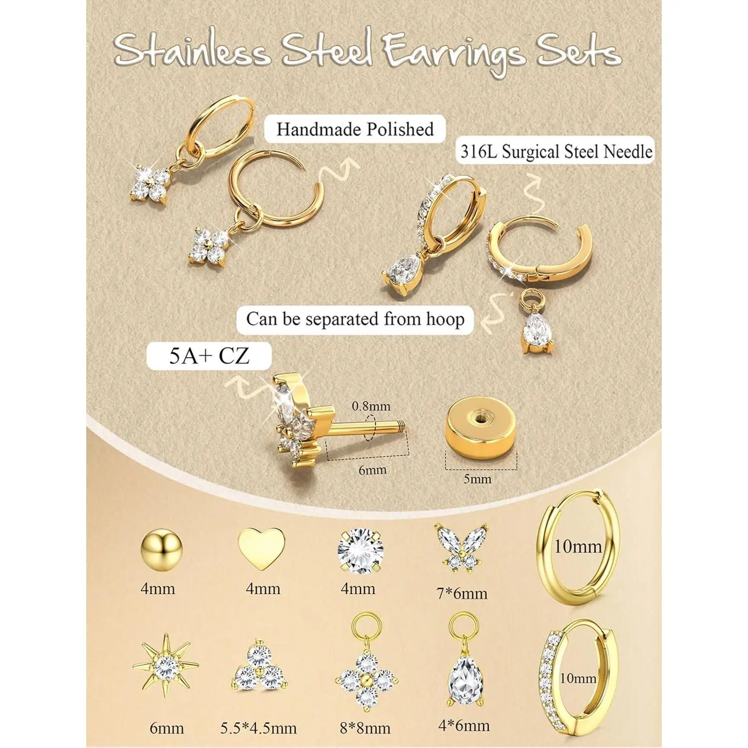10 Pairs Small 14K Gold Plated Stud Hoop Earrings for Women Hypoallergenic Surgical Steel Earrings for Sensitive Ears Silver Flat Back Cartilage Earring Stacks with Charms for Multiple Piercing Jewelry