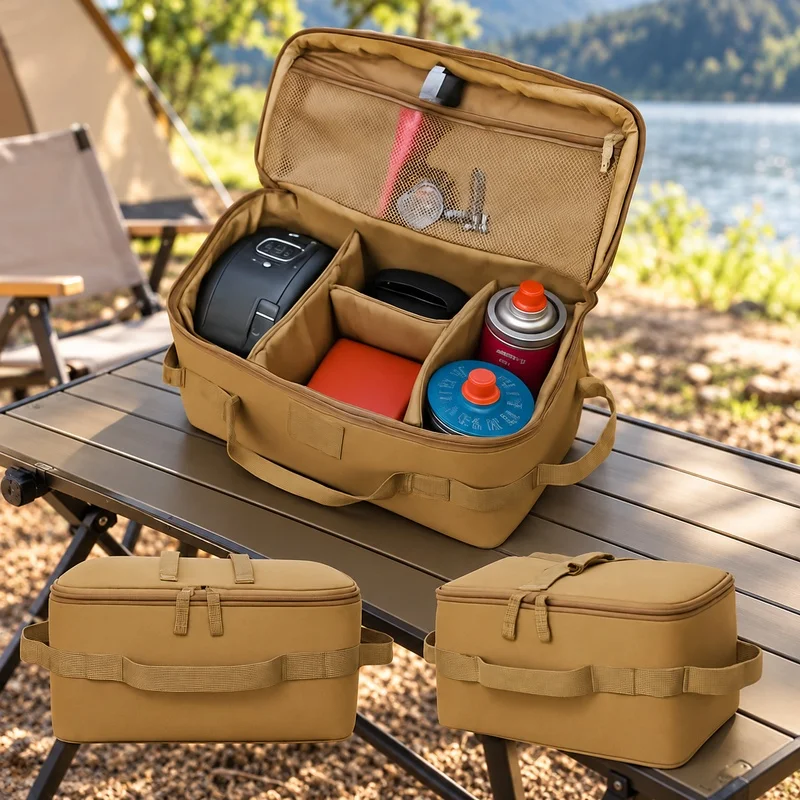Durable Large Camping Storage Tote with Stakes for Outdoor Cookware, Tools, and Gas Cylinder Organization