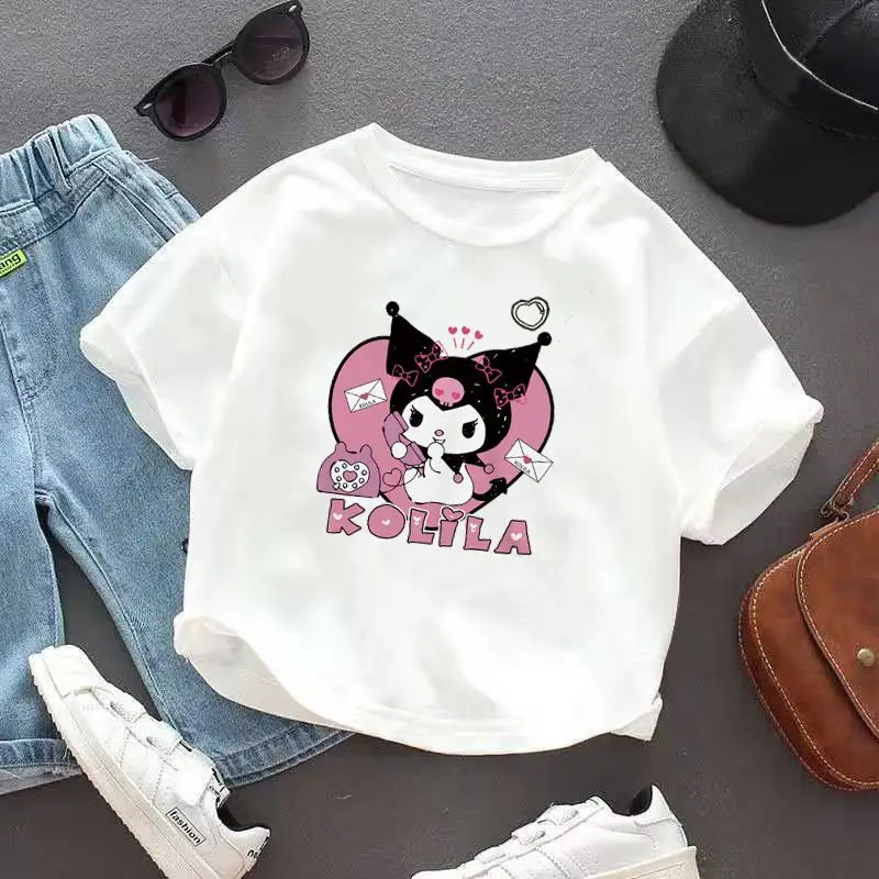 Sanrioed-Camiseta de manga corta de algodón Cinnamoroll para niños y niñas, Kuromi bonita camiseta de dibujos animados, Tops de verano, ropa para niños, regalo absorbente de sudor