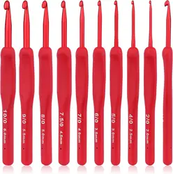 Red Crochet Hook Needle Silicone Handle Aluminum Crochet Needle Set Ergonomic Crochet Hooks for Arthritic Hands Crochet Gift9Pcs