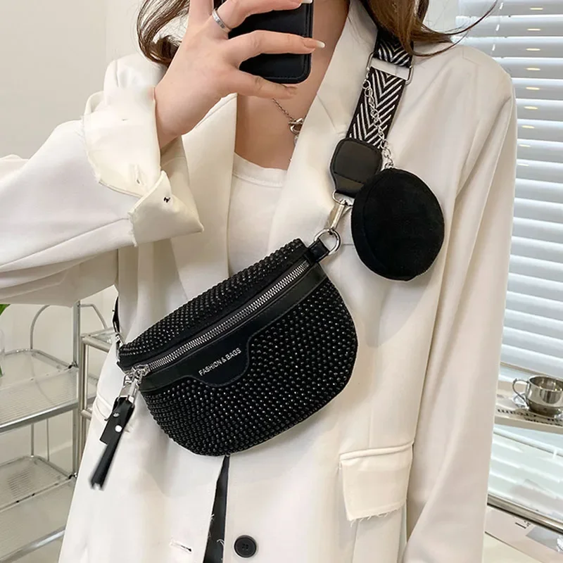 Shoulder Crossbody Chest Bags Casual Summer Waist Bag Waist pack Rhinestone Luxury Leather Fanny pack Two- piece Belt Bag Clutch