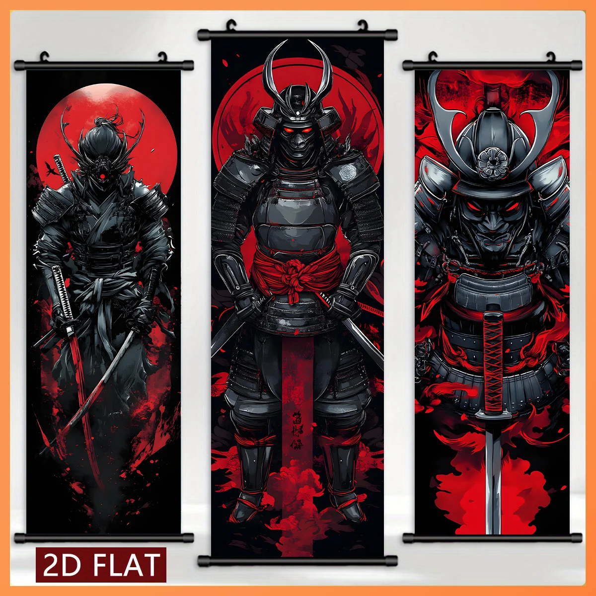 VIKAMA Red Moon Dark Ghost Face Warrior Armor Sword Scroll Tapestry, Fade Resistant Wall Scroll, Dark Room Decor