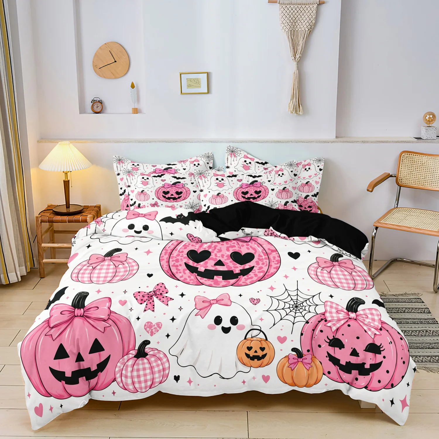  3Pcs Pink Coquette Halloween Print Duvet Cover Set, Leopard Plaid Bow Pumpkin Cute Ghost Bat All Over Printed Bedding