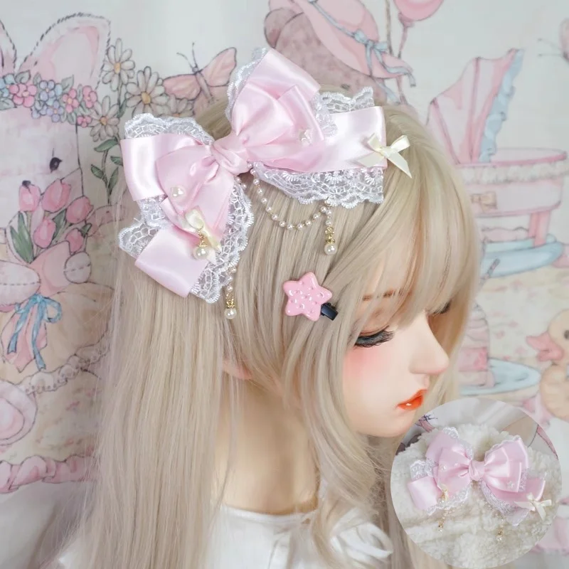 大きな日本のロリータレースの弓クリップ,kcかわいい王女の帽子,ヘアアクセサリー,3色,真珠,ピンク