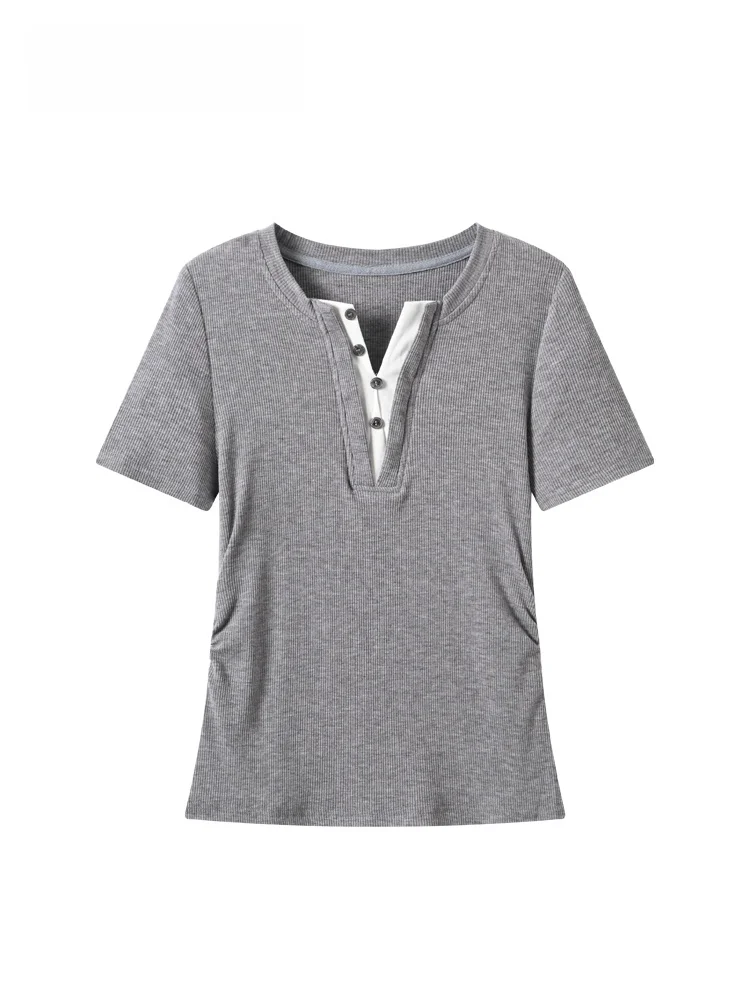 

plus Size Short Sleeve T-Shirt V-Neck Casual Style Women's Top Summer New Arrival Knitted Fabric Regular Sleeve Polyester Blend