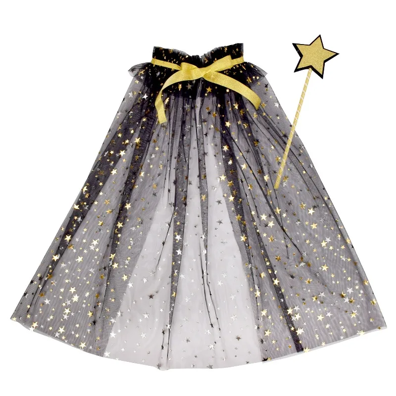 Kids Fairy Tulle Cape Thin Princess Cloak Star Wand Set Girl Dress Up Costume Party Stage Performance Photo Prop Holiday Cosplay