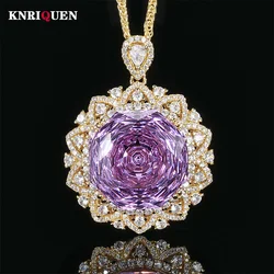 Retro 18*18mm Amethyst Pink Quartz Lab Diamond Gold Pendant Necklace for Women Cocktail Party Fine Jewelry Accessories Gifts
