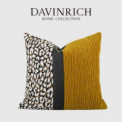 DAVINRICH 표정 치타 프린트 베개 커버, 노란색 및 검정색 인조 가죽 패치워크 쿠션 케이스, 독특한 홈 장식