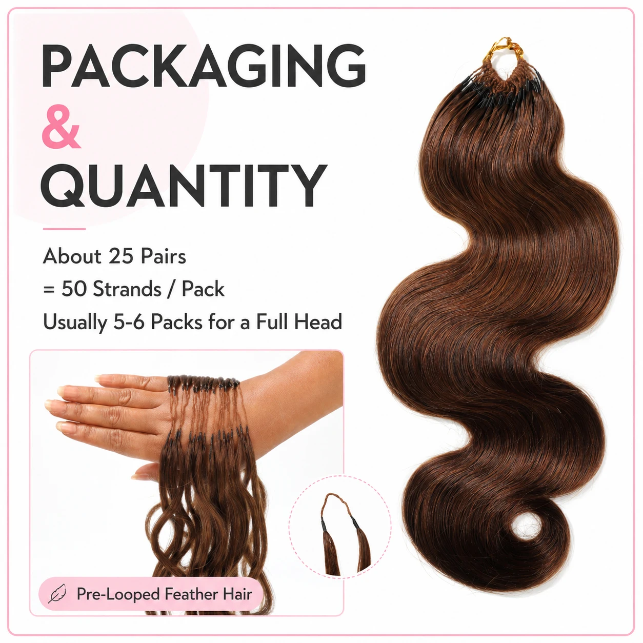WOWANGEL Schokoladenbraune Unsichtbare Miracle Knots Haarverlängerungen mit Vorverknoteten Federn, 100% Echthaar, Body Wave, Crochet Hair – Detail 6