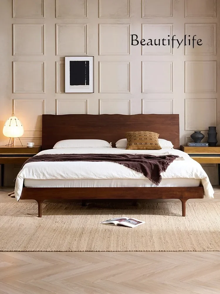 Nordic Modern Natural Edge Solid Wood Bed Mid-Ancient Style Black Walnut Color Silent Style Backrest Double Bed