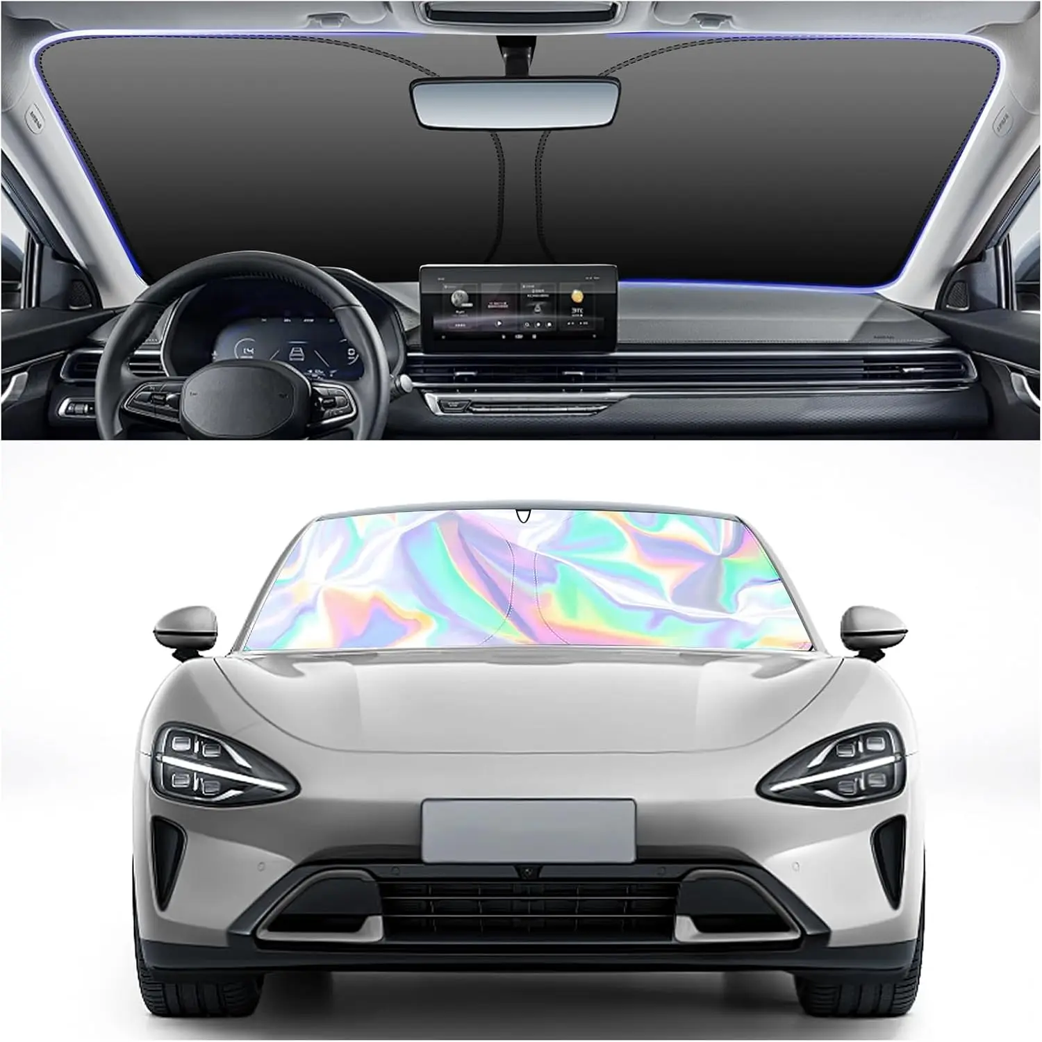 

57.09x31.5 Holographic Front Windshield Sun Shade,Car Sun Shade Windshield for Thermal Insulation and Shading in 210T Titanium S
