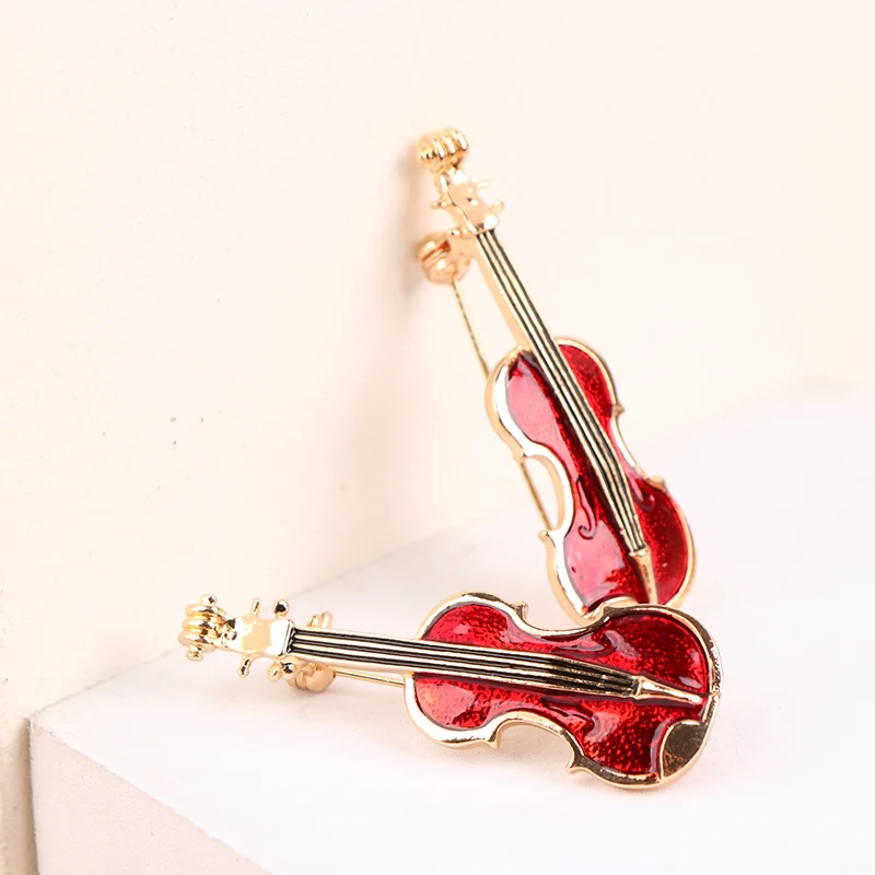 Broches de guitarra de Violín de esmalte rojo clásico para mujer, alfileres de broche de banquete de bodas de aleación, regalos