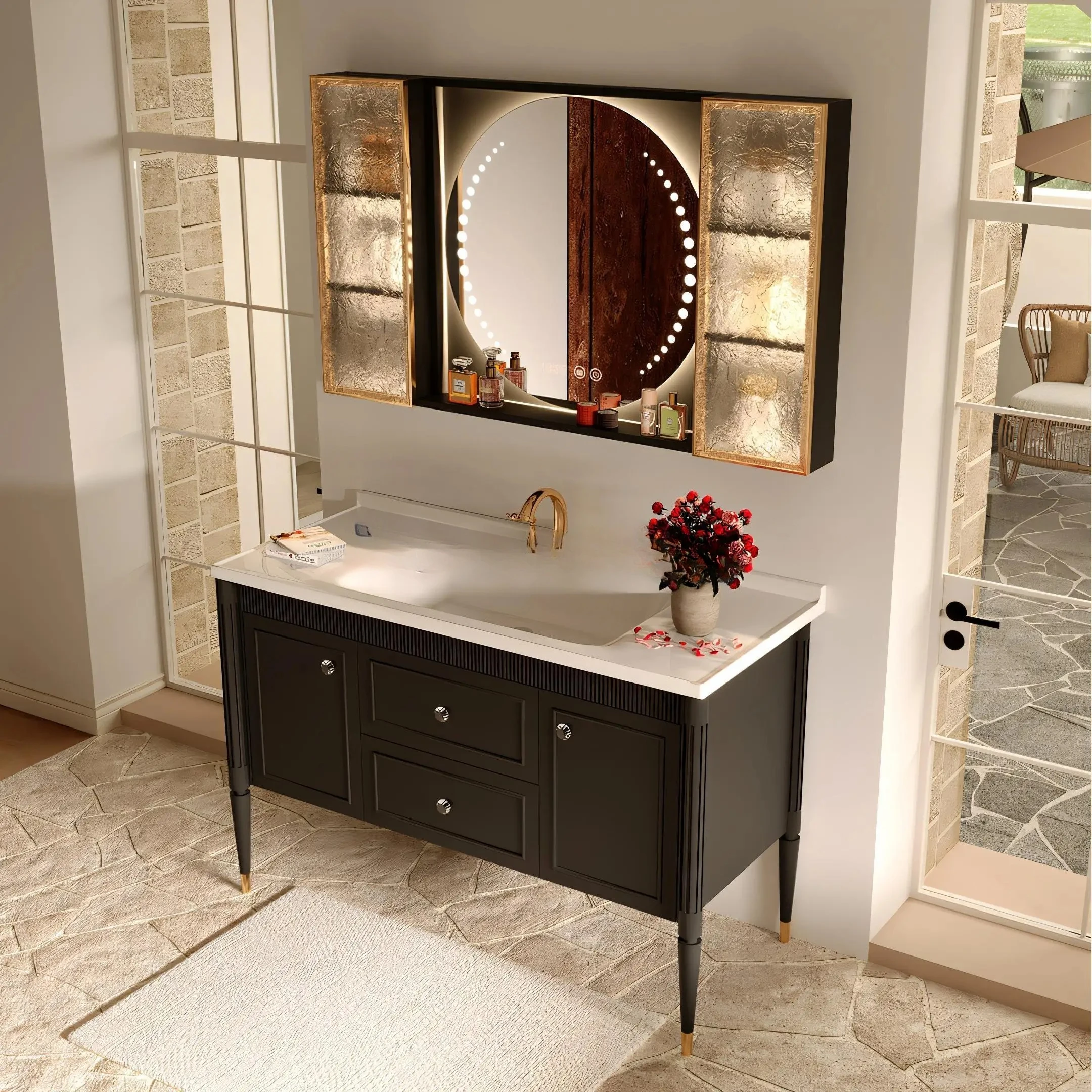 ZYY ceramic integrated basin floor-to-ceiling rural style toilet washstand rubber wood bathroom cabinet