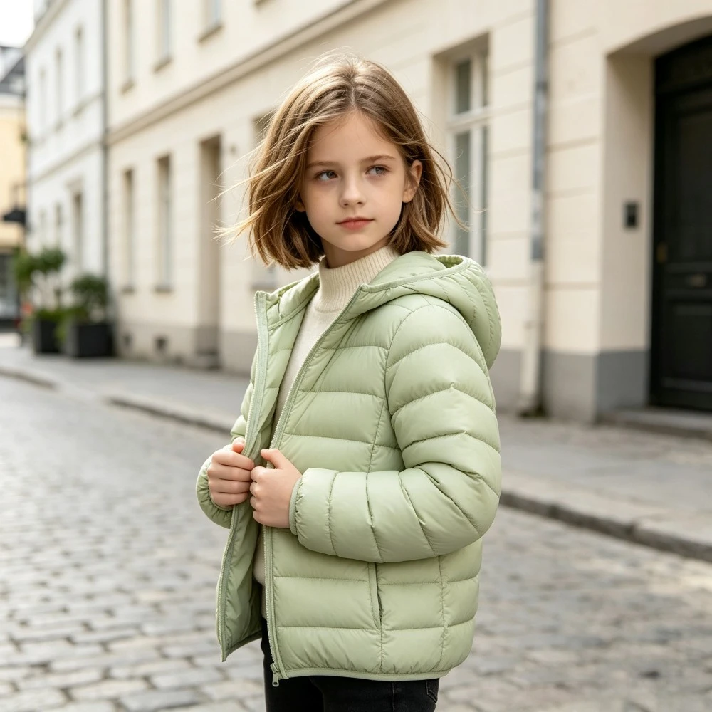Kids Lightweight Hooded Puffer Jacket Ultralight Horizontal Quilted Winter Coat Boys Girls Warm Outerwear Soft Packable Daily