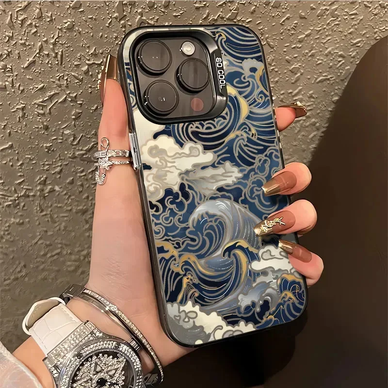 Japanese Waves Electroplate Matte Phone Case For Samsung Galaxy S26 S25 S24 Ultra S23 Note20 Plus A55 A26 A36 A54 A56 IMD Cover