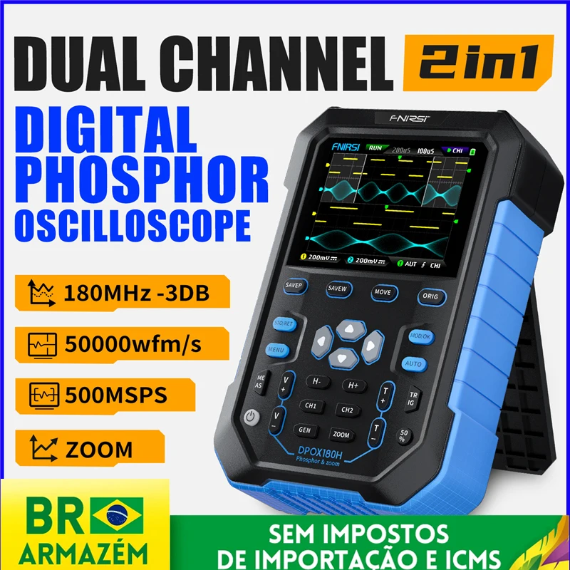 FNIRSI DPOX180H Osciloscópio digital portátil com tela fluorescente 180 MHz 50.000wfms/S Gerador de sinal 2 em 1 ZOOM de 20 MHz