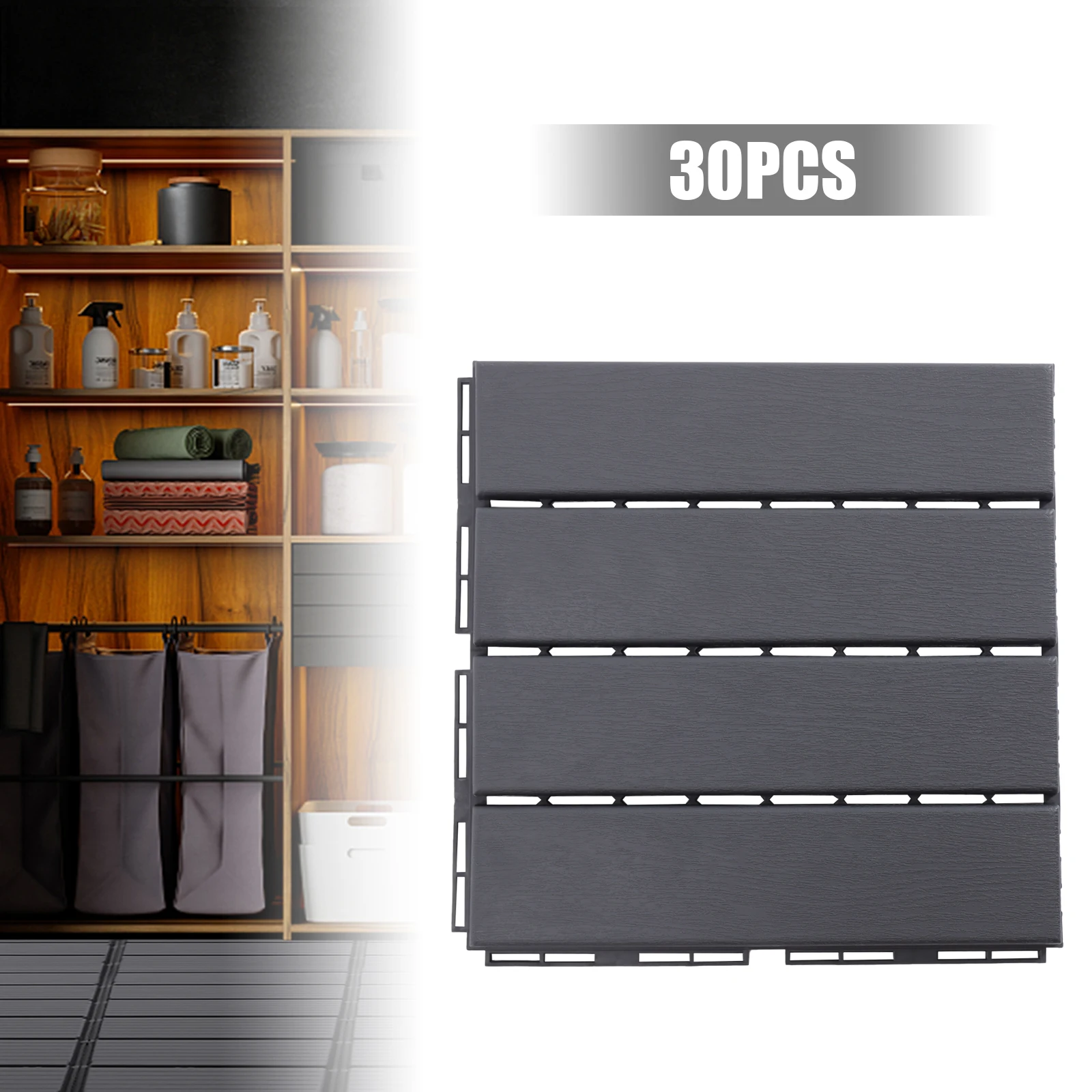 

30 Pack Plastic Interlocking Patio Deck Tiles, Back Diamond Structure Waterproof Outdoor Flooring for Poolside, Garden, Balcony