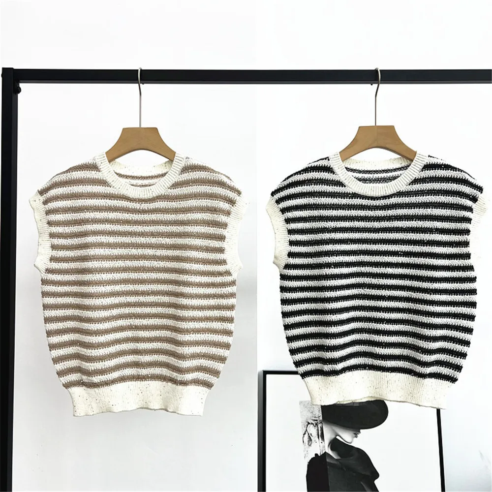 

Новинка 25, ранняя осень, женский пуловер с круглым вырезом, без рукавов, контрастный полосатый шерстяной вязаный жилет с блестками