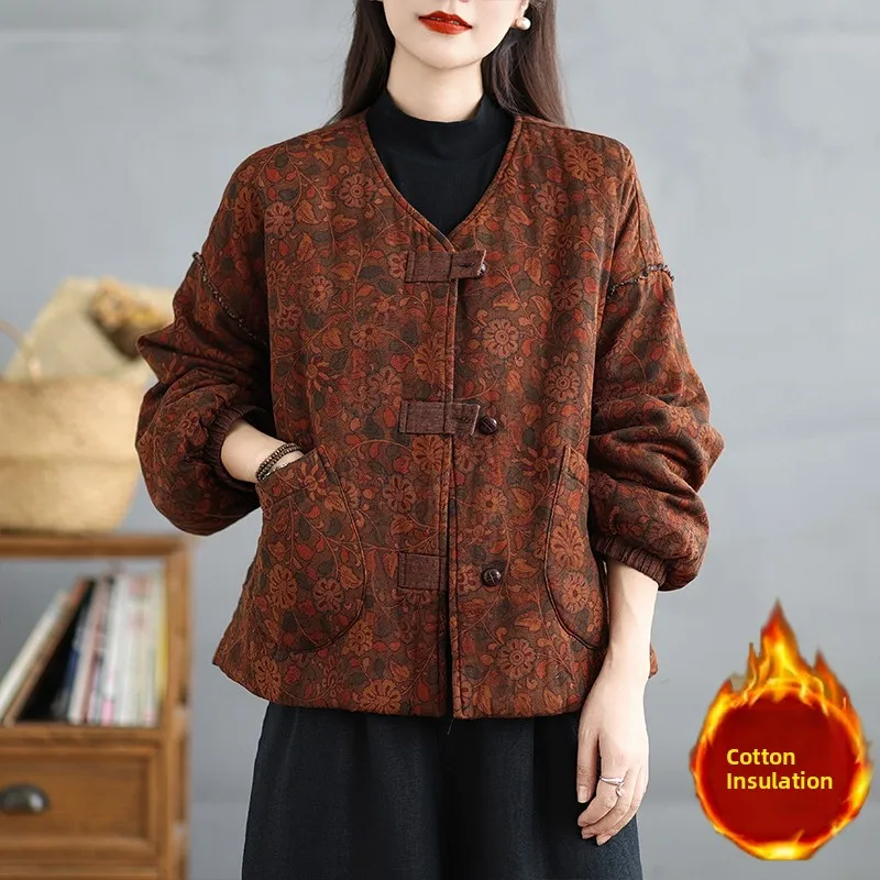 

Retro Floral Cotton Jaet ort Loose Casual Contrast Color Cotton Coat Floral Print Thiened Cotton Clothes Women's Faion