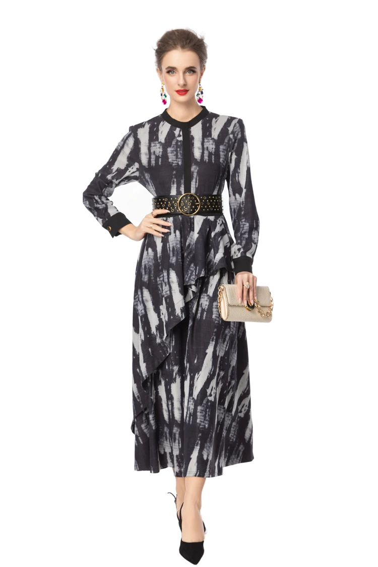 Women's Abstract Print Long Sleeve Dress with Belted Waist Stand Collar and Asymmetrical Ruffles - Elegant Vintage Style Gown