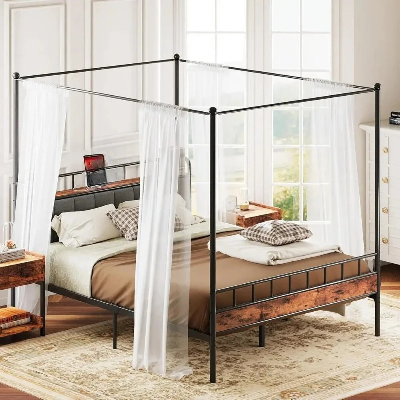Canopy Bed Frame Queen, Storage Headboard with Charging Station, Platform Bed with 4 Removable Sturdy Posts, Noise Free
