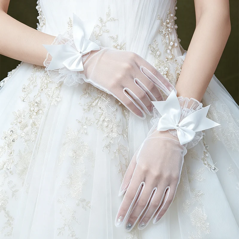 Summer Thin Bridal Gloves Wedding Short Mesh Lace Border Pearl Bow Transparent Photo Gloves